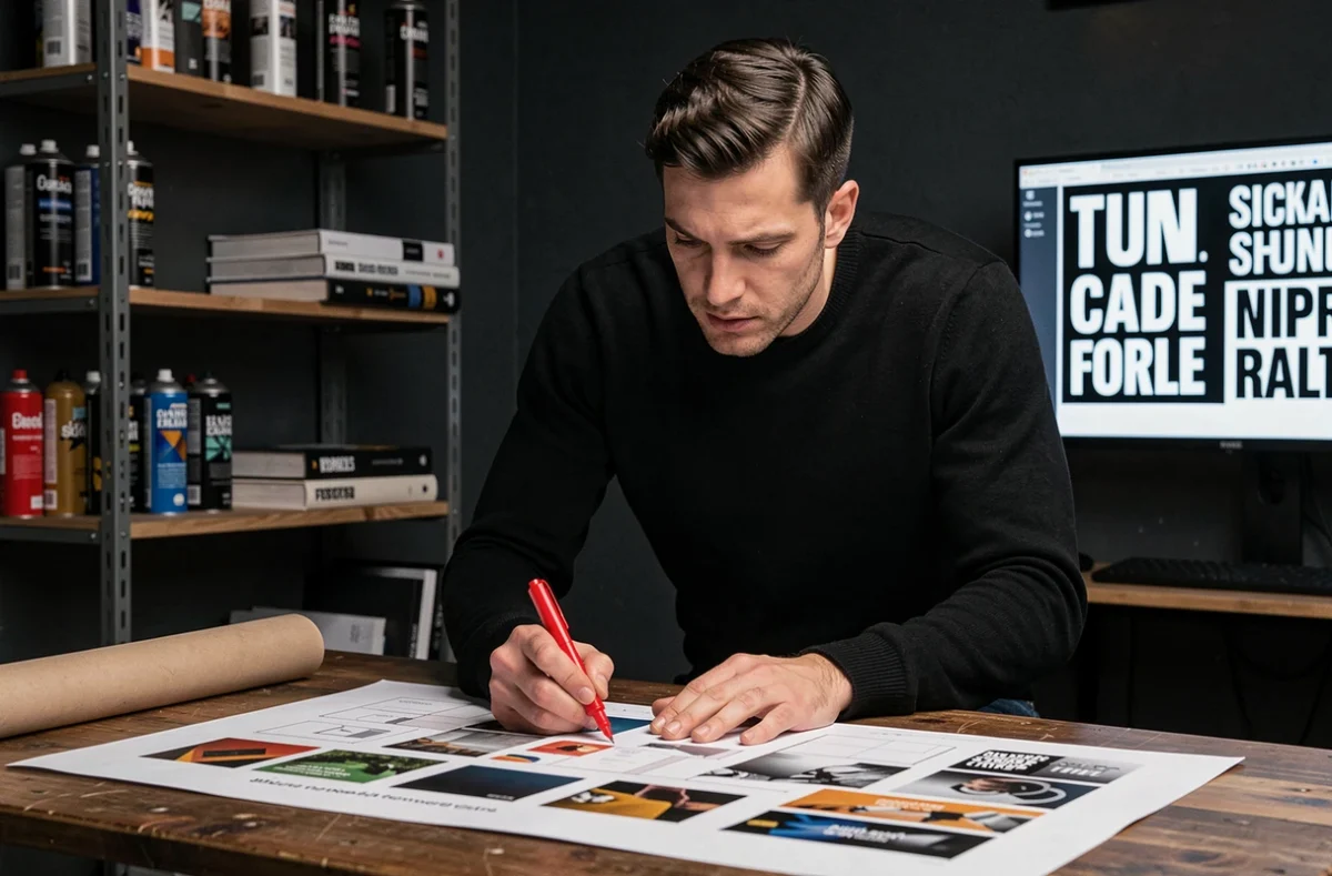 Directeur artistique annotant une maquette de campagne dans le studio Acid Création en Isère