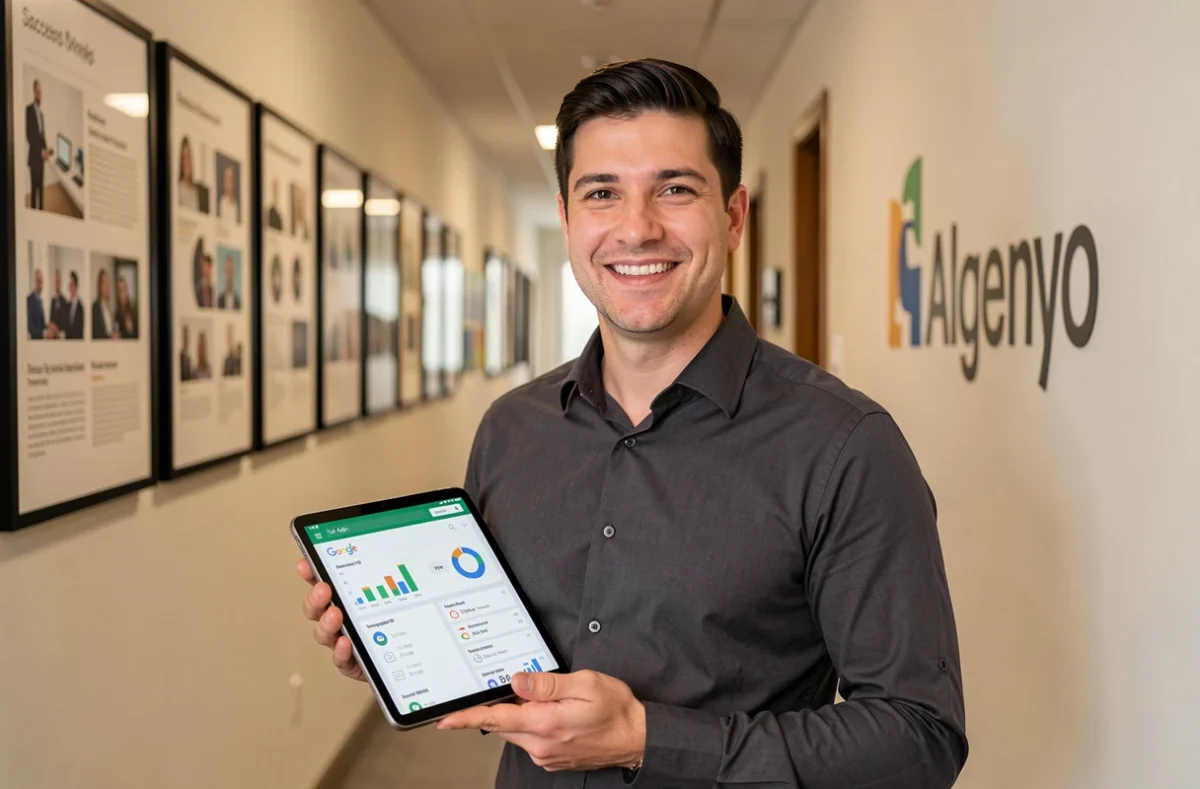 Responsable de compte de l'agence Alpha présentant des résultats Google Ads sur tablette dans les couloirs de l'agence