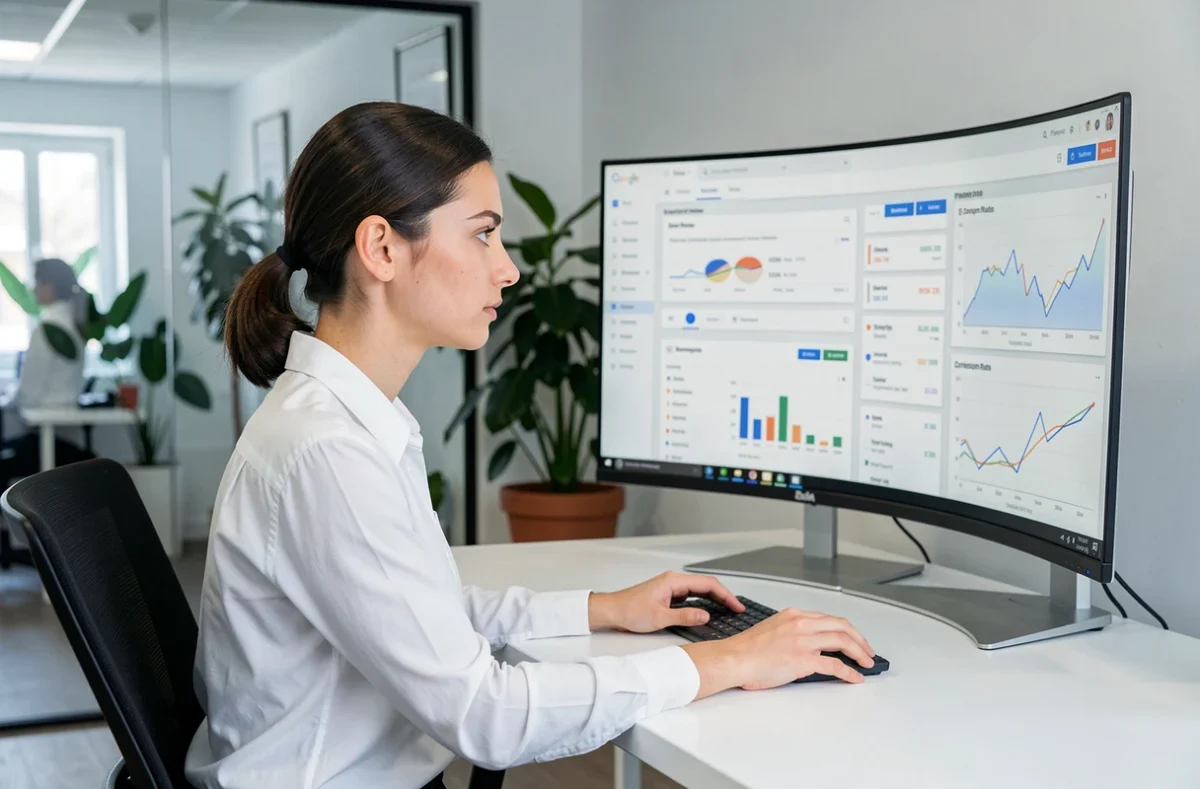 Spécialiste de l'agence Convertix analysant des campagnes Google Ads sur un écran dans un bureau moderne à Marseille