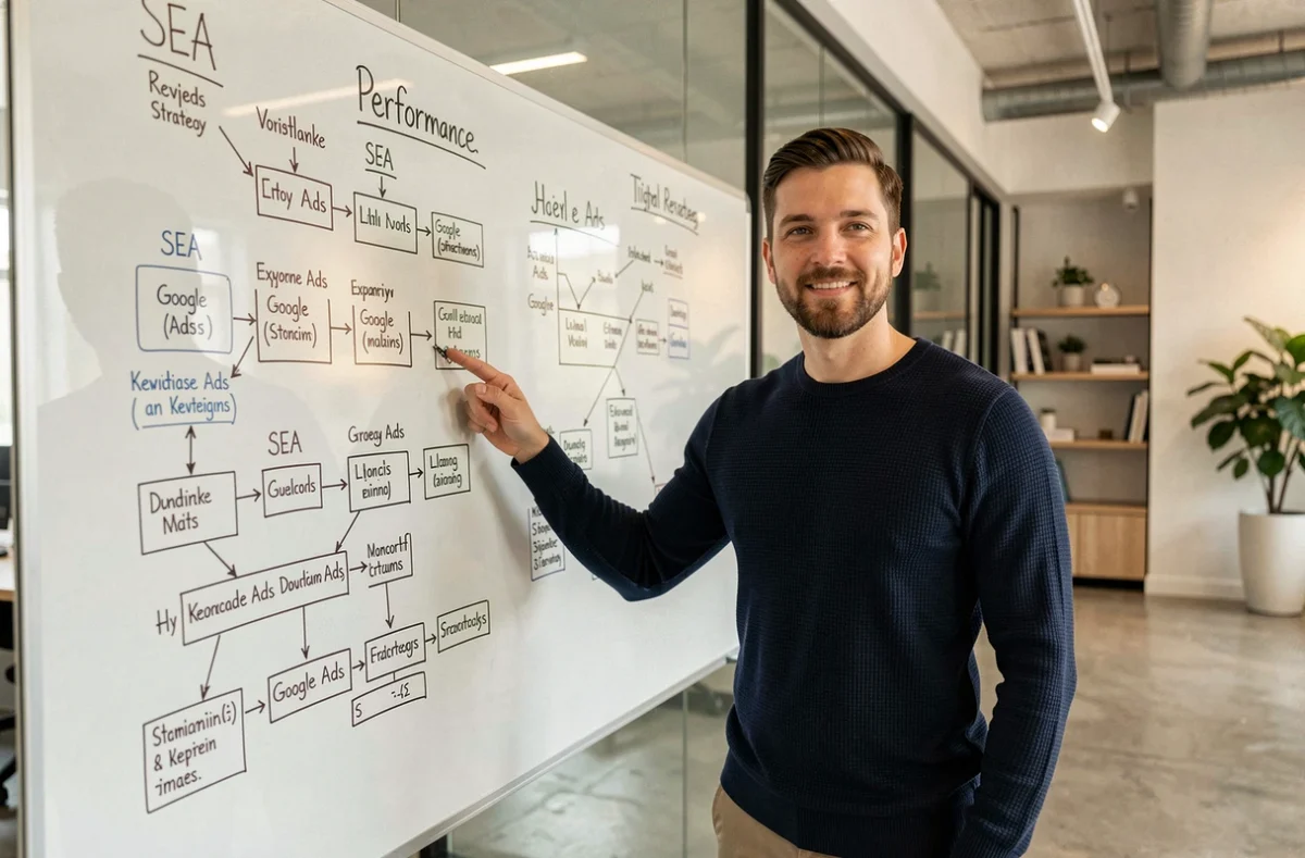 Expert de l'agence Digimood présentant une stratégie Google Ads sur un tableau blanc dans un bureau moderne