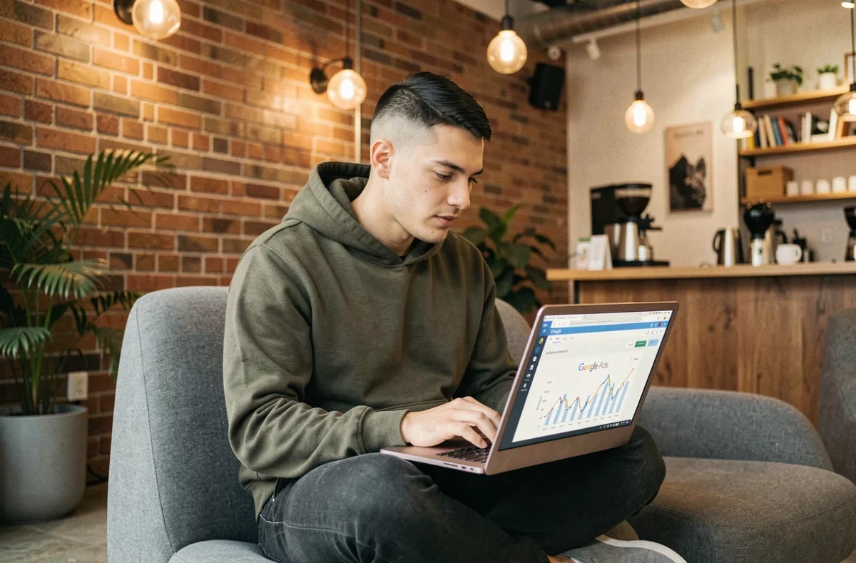 Spécialiste Google Ads de l'agence Dunk analysant des données de campagne sur un laptop dans un espace de travail créatif