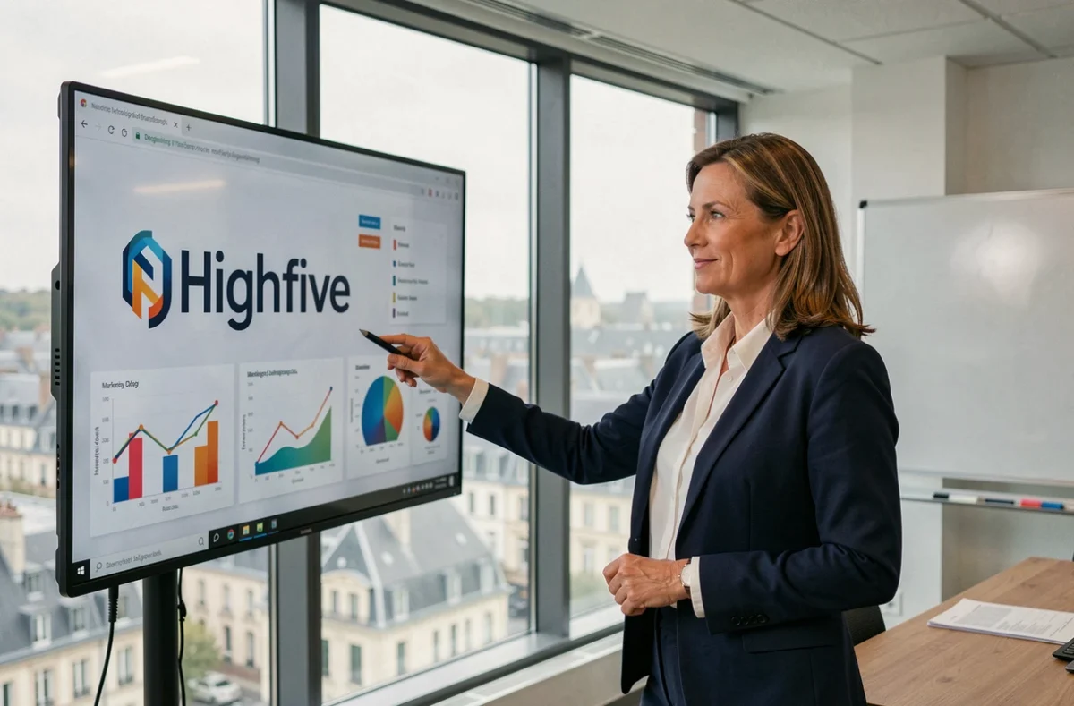 Présentatrice de l'agence Highfive exposant une stratégie digitale dans une salle de réunion moderne à Caen