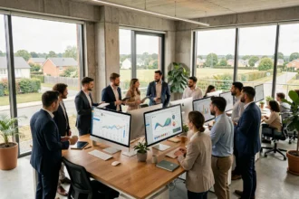 Équipe d'une agence de marketing digital dans le Val-d'Oise travaillant ensemble dans un bureau moderne avec des écrans d'analyse et de référencement