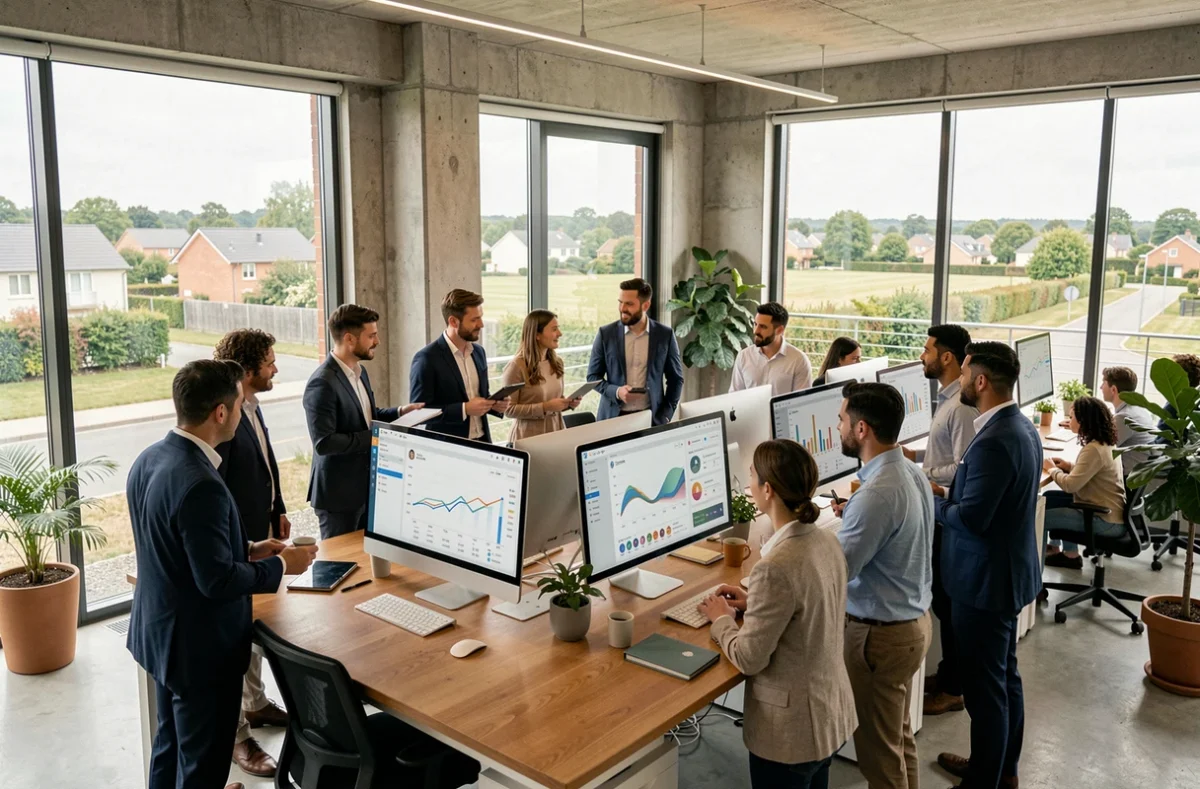 Équipe d'une agence de marketing digital dans le Val-d'Oise travaillant ensemble dans un bureau moderne avec des écrans d'analyse et de référencement