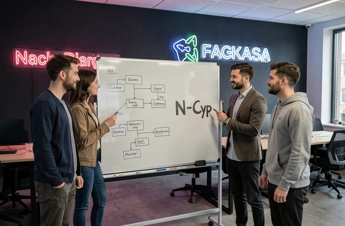 Équipe de l'agence N-Cyp réunie autour d'un tableau blanc dans leur bureau de startup technologique moderne