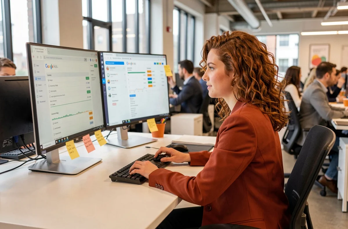 Chargée de campagnes chez Noiise consultant des métriques Google Ads sur un double écran dans un open-space dynamique