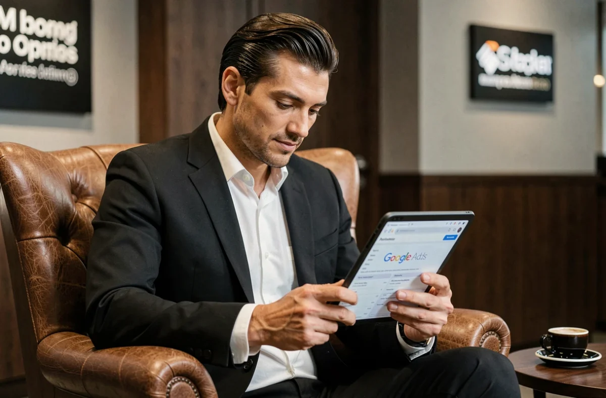 Directeur créatif de l'agence Oscar Black examinant un rapport Google Ads sur tablette dans un intérieur raffiné
