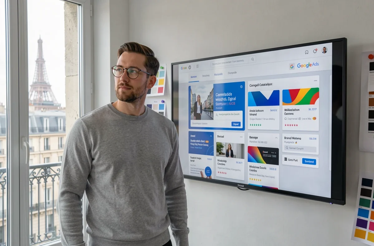 Stratège digital de RG Design présentant une mise en page de campagne Google Ads dans un studio créatif
