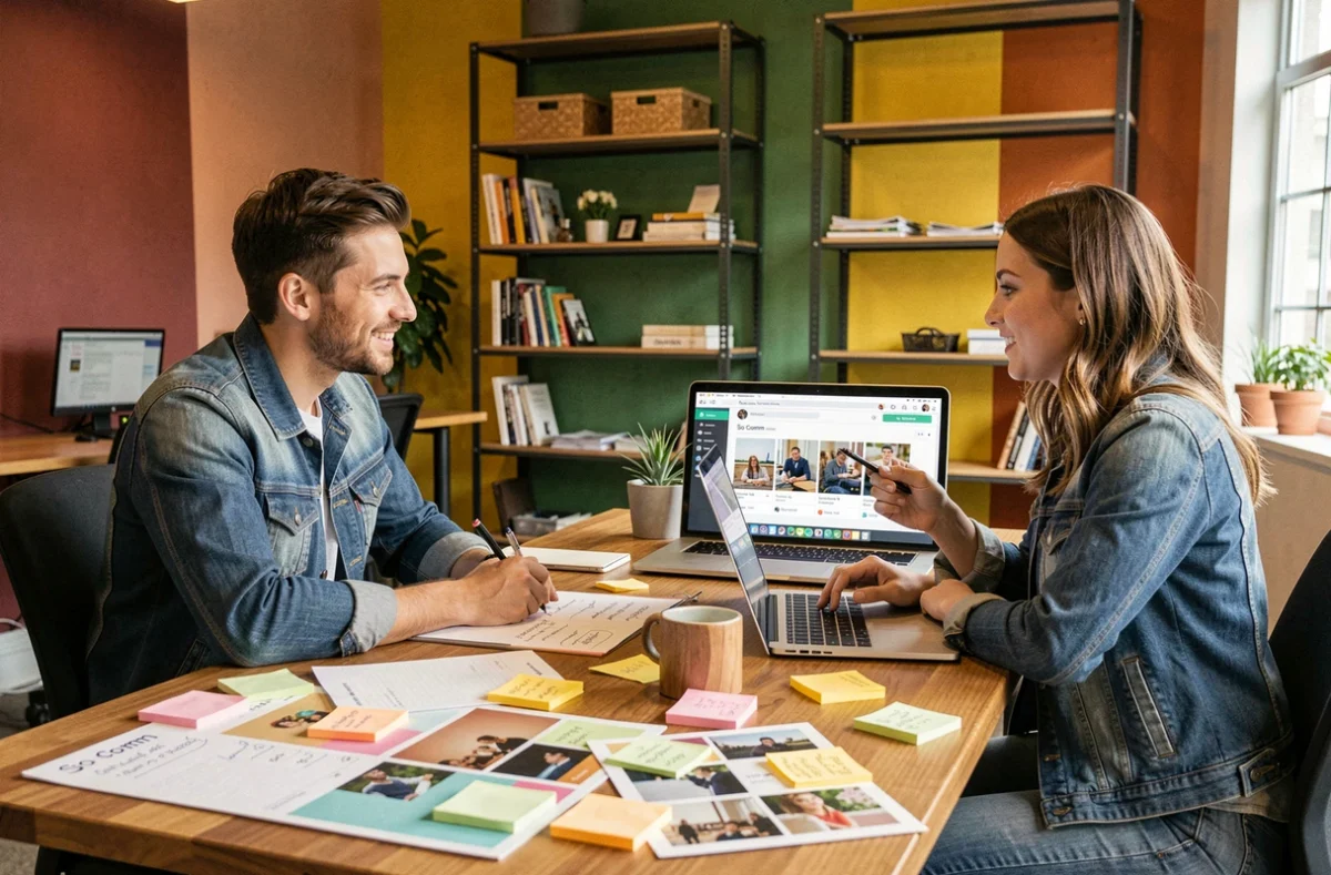 Duo créatif de l'agence So Comm en session de brainstorming sur les réseaux sociaux dans un espace de coworking