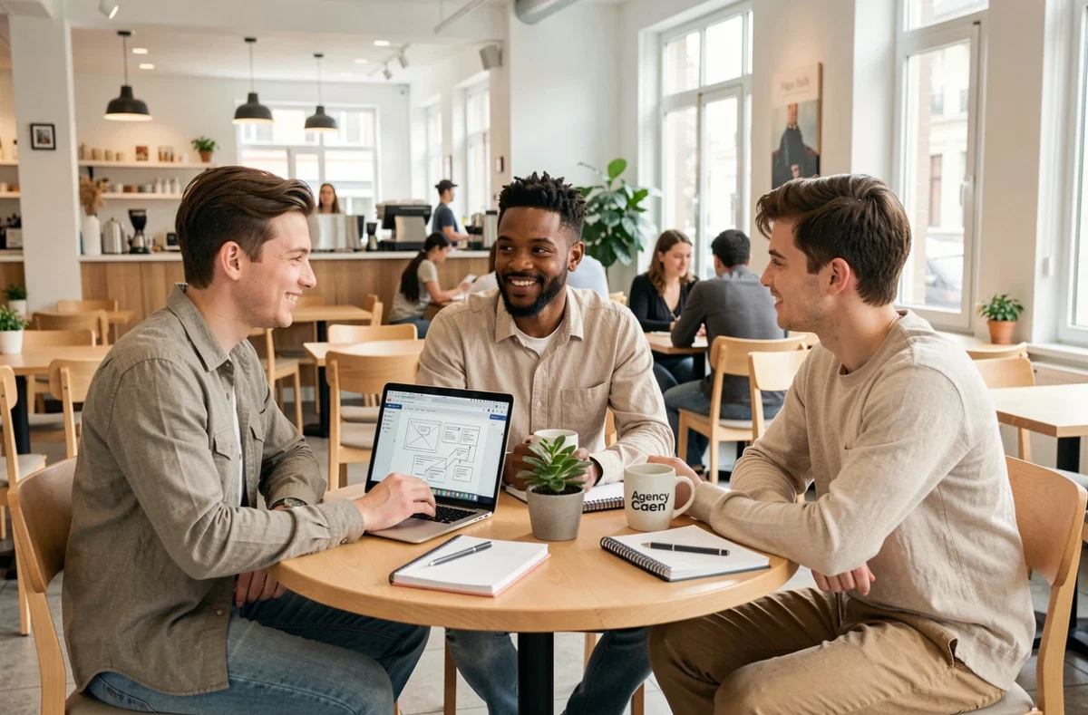 Équipe d'Agency Caen en réunion de projet web autour d'une table dans un espace de travail au style café moderne