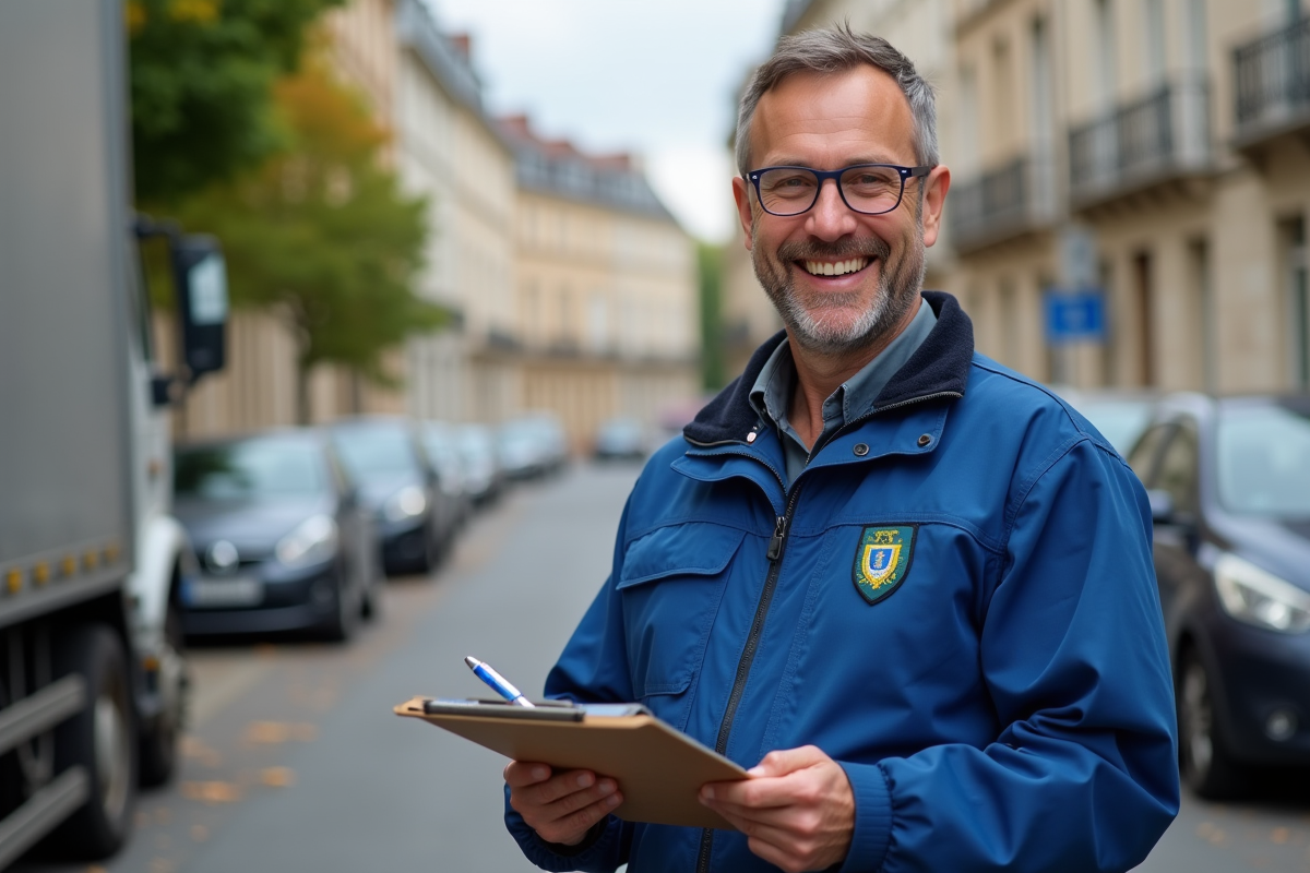 Agent municipal en extérieur avec véhicule de service
