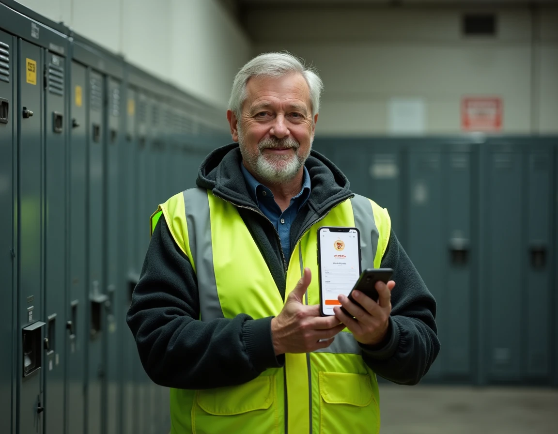 Agent de la RATP consultant l'application CSE2 sur smartphone dans un vestiaire de dépôt