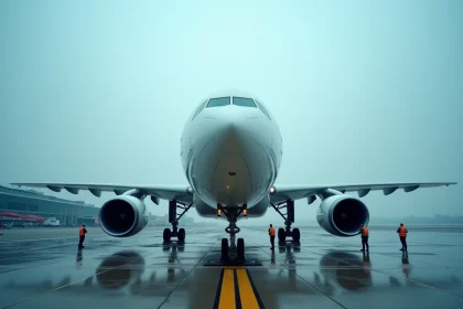 Airbus A330 long-courrier stationné à un gate d'aéroport international avec équipes au sol en gilets haute visibilité