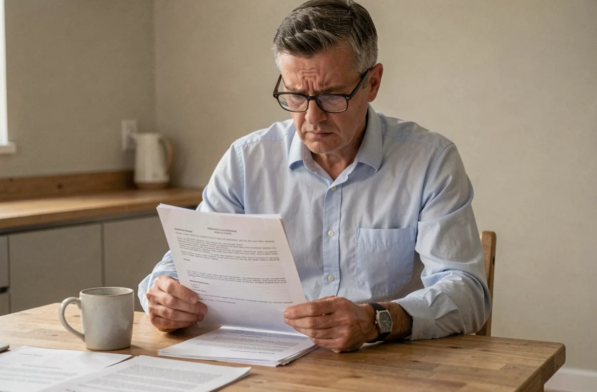 Homme d'âge mûr analysant des documents de contrat de travail à son domicile, confronté à une situation de licenciement contesté