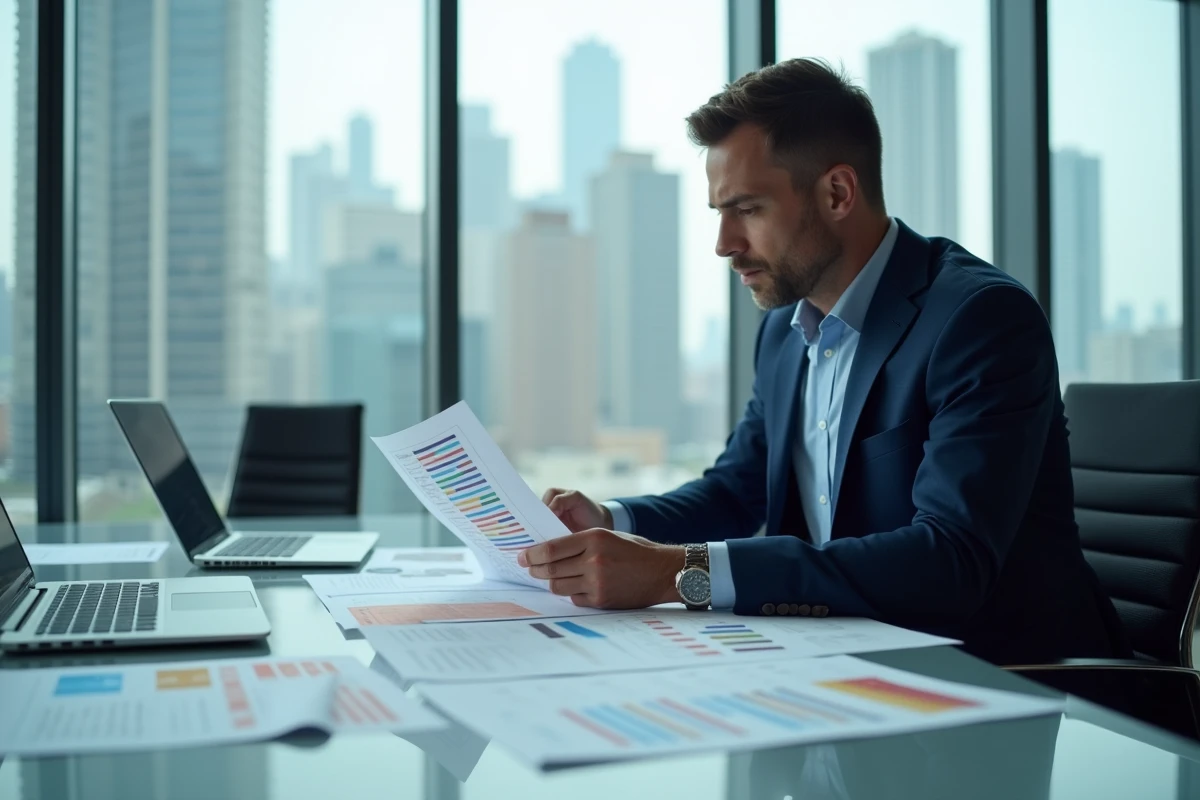 Analyste de risques en costume marine examinant des matrices d'évaluation des risques sur une table de conférence en entreprise