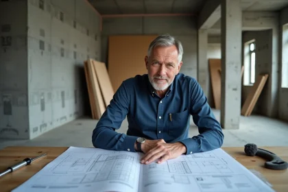 Architecte examinant des plans techniques dans un chantier de construction neuve pour l'intégration d'un système SVC Center