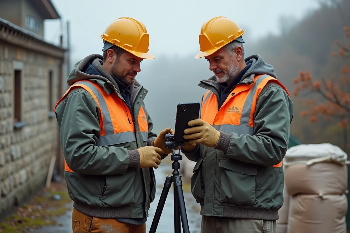 Deux artisans du bâtiment consultant une application de gestion de chantier sur smartphone lors d'une rénovation