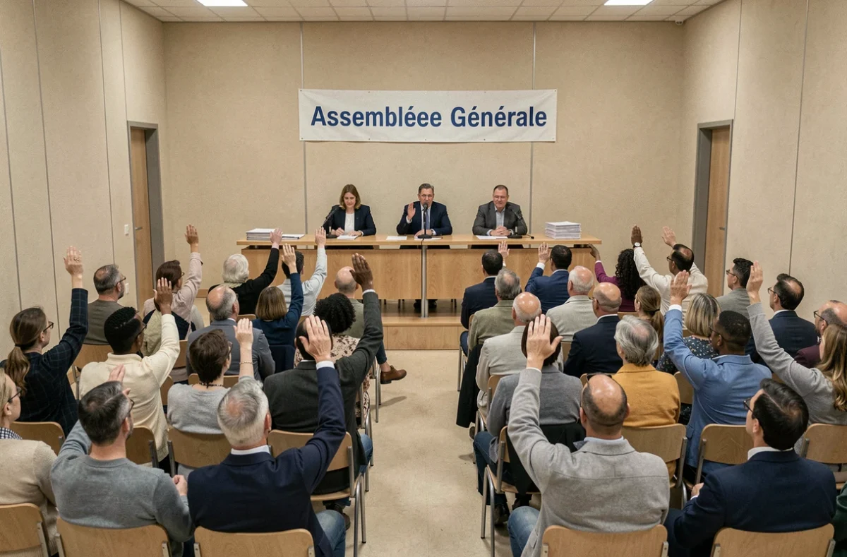 Assemblée générale en salle municipale avec des participants votant à main levée sur des points inscrits à l'ordre du jour