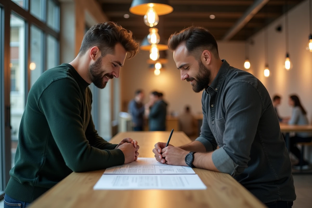 Deux associés examinant des documents officiels Kbis et Urssaf dans un espace de co-working moderne