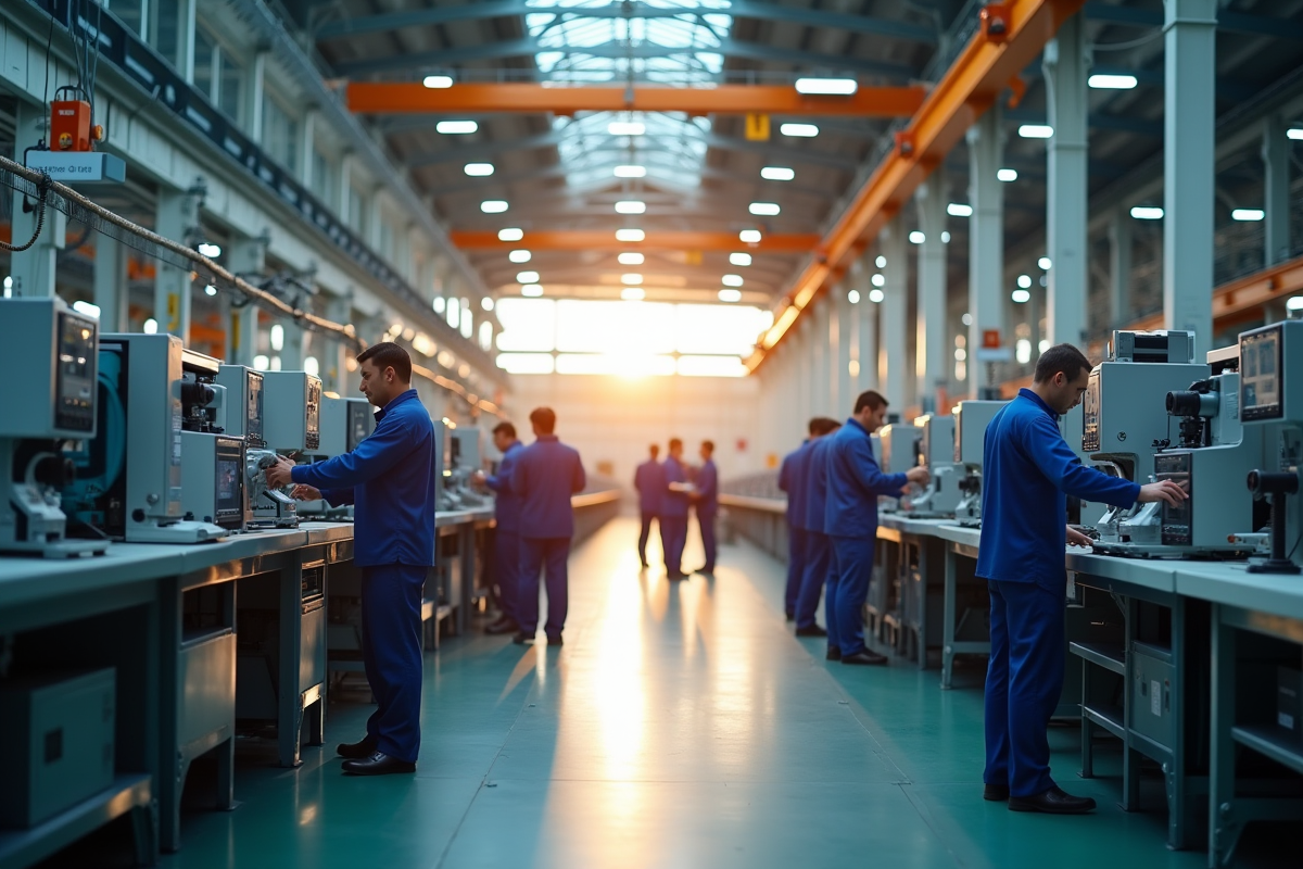 Employés travaillant sur machines dans une usine dynamique