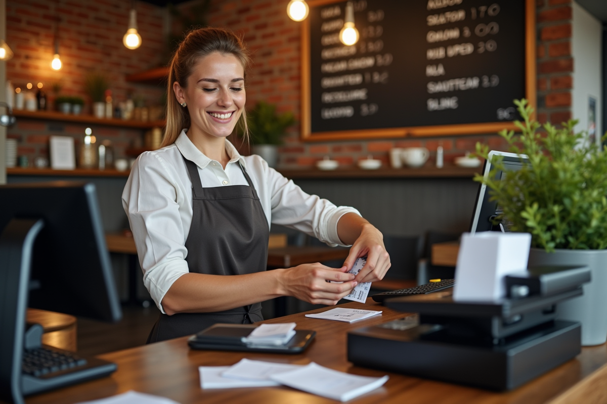 Barista arrangeant des pièces d euro et tickets dans un café chaleureux