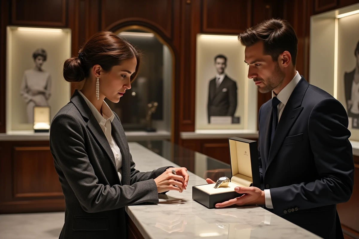 Cliente et conseiller dans une boutique de haute horlogerie du groupe Richemont, examinant une montre de luxe sous vitrine