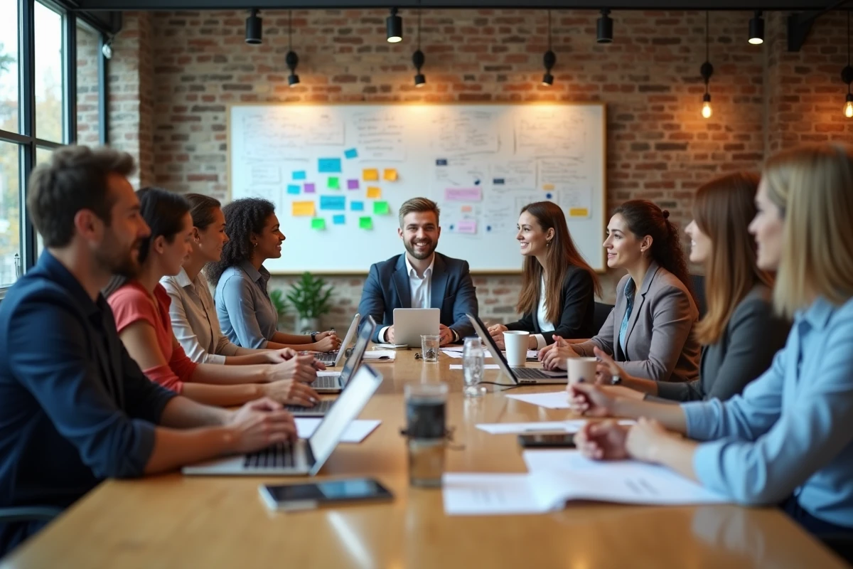 Groupe de professionnels en réunion de brainstorming marketing