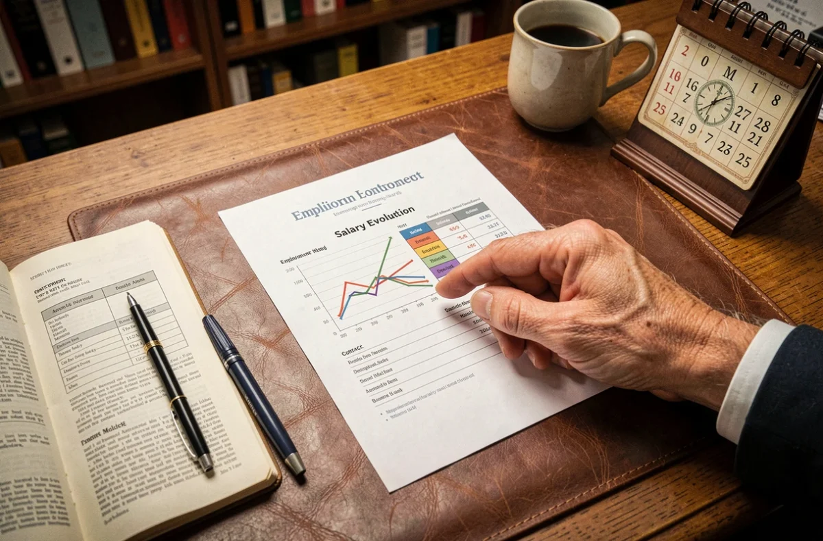Vue de dessus d'un bureau avec contrat de travail et graphique d'évolution salariale liée à l'ancienneté