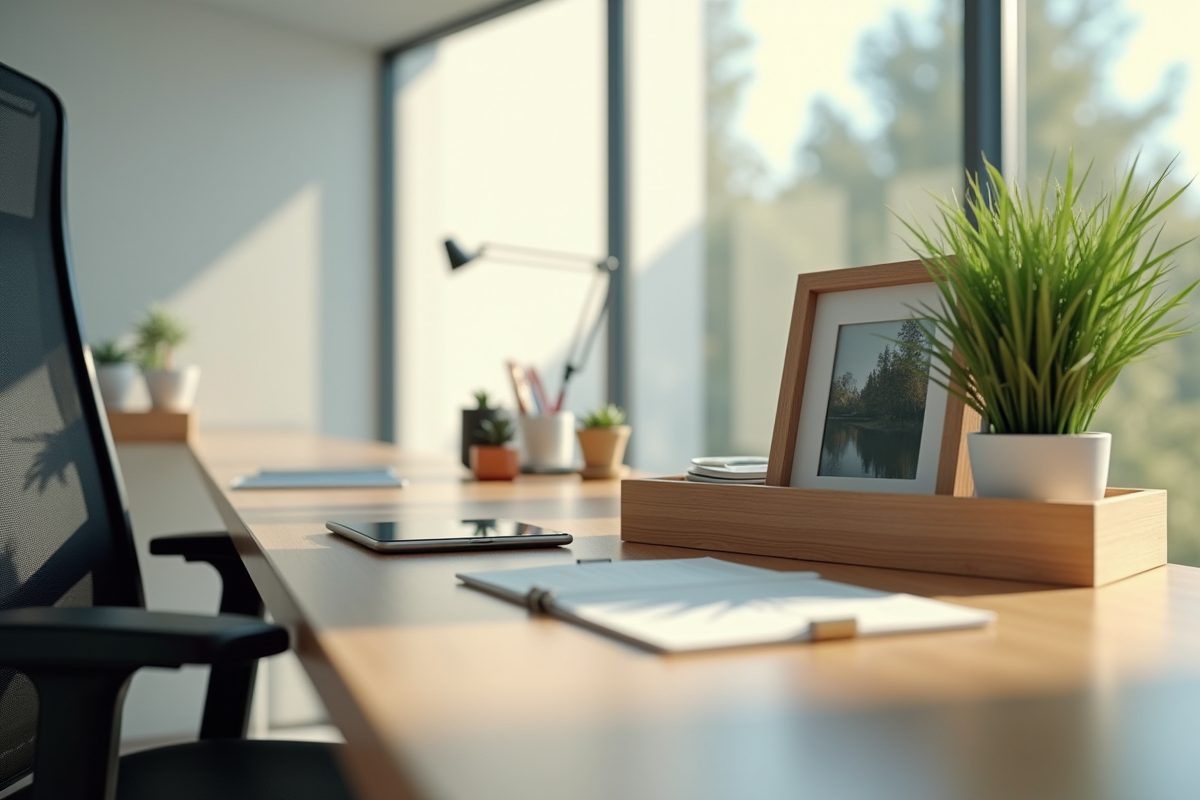 Chaise vide avec boîte à souvenirs et plantes dans un bureau lumineux