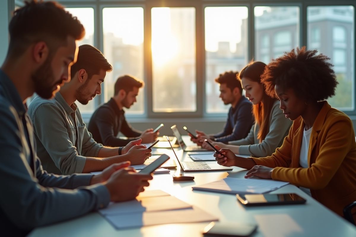 Équipe moderne au bureau utilisant leurs smartphones