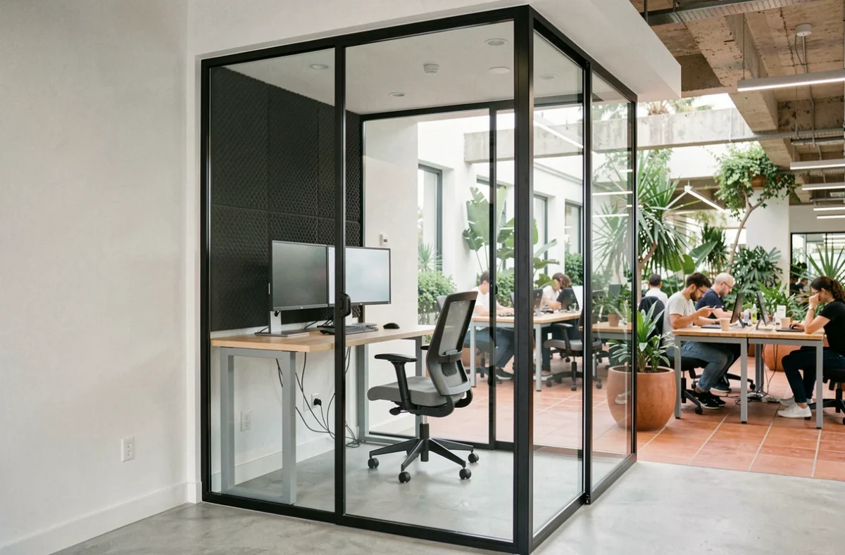 Cabine de bureau privée dans un espace de coworking à Nice avec vue sur l'open space