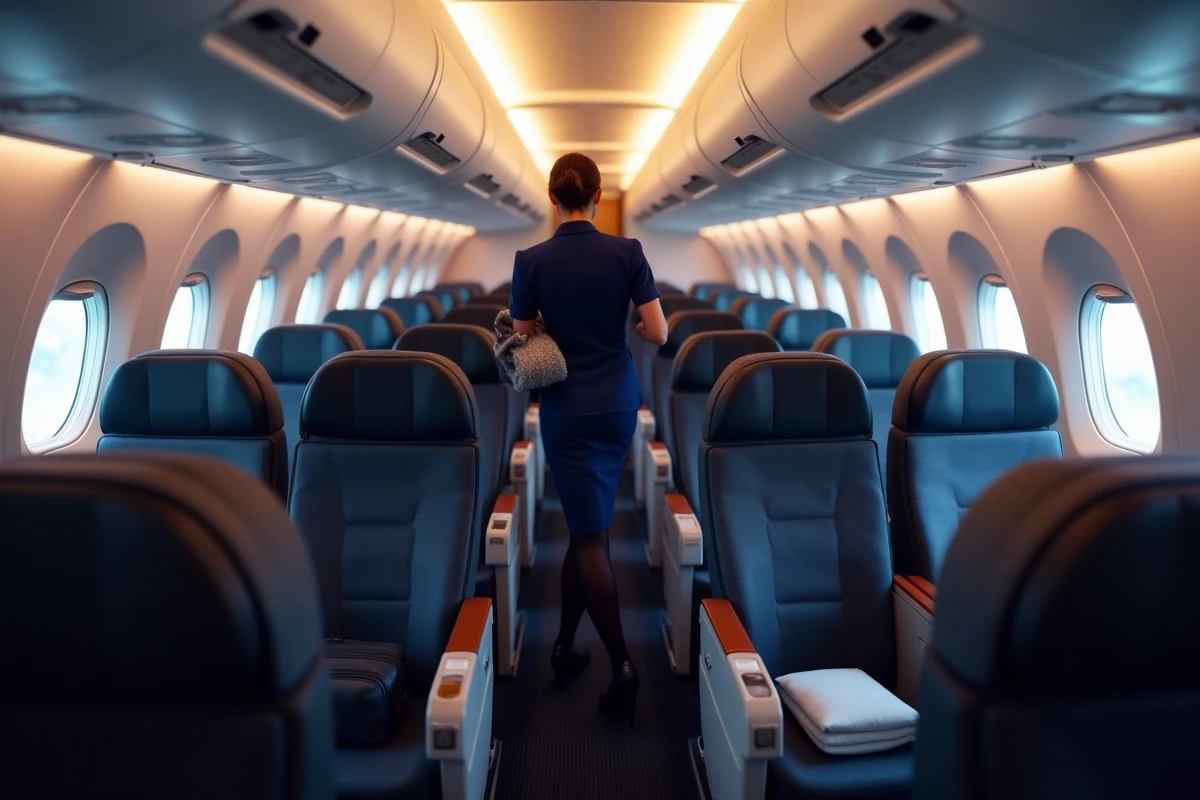 Cabine classe affaires d'un Airbus A330 avec sièges lie-flat en configuration hérisson et hôtesse de l'air en service