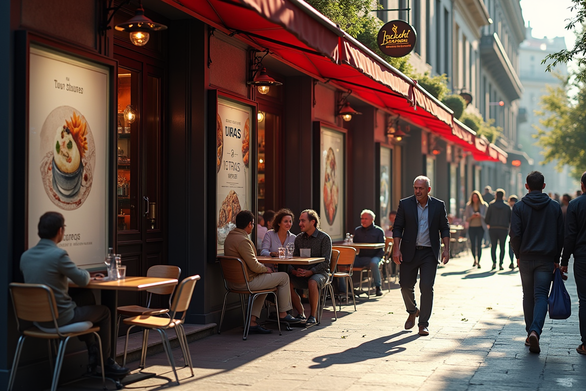 Café animé en ville avec affiches extérieures et passants