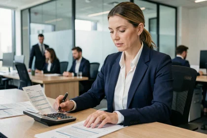 Femme cadre en entreprise analysant des fiches de paie et calculant l'ancienneté salariale