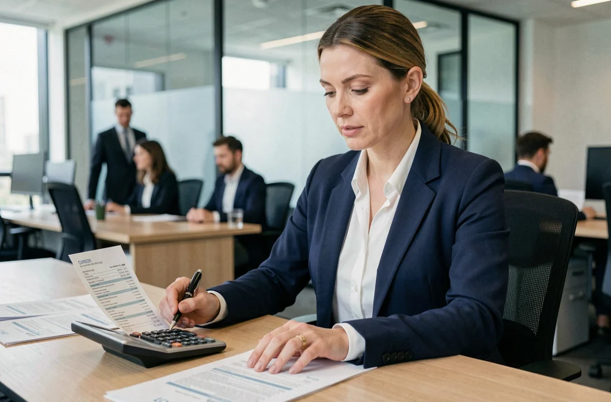 Femme cadre en entreprise analysant des fiches de paie et calculant l'ancienneté salariale