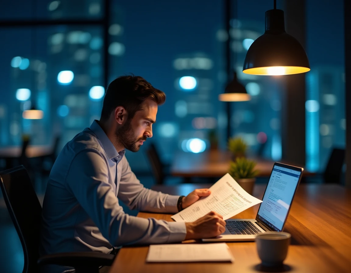 Professionnel RH analysant un document sur le code du travail et un tableau de calcul de salaire de nuit dans un bureau moderne en soirée
