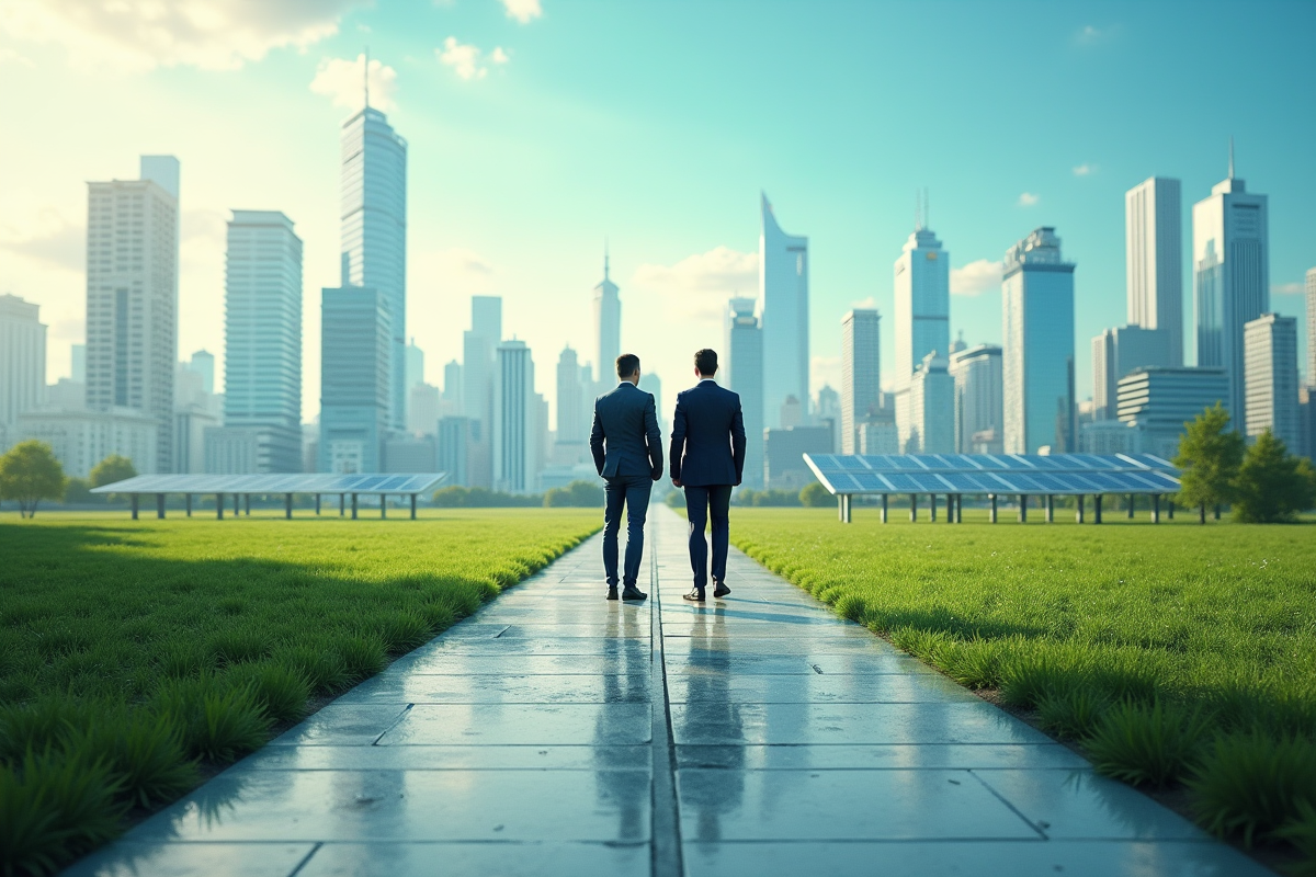 Deux professionnels face à un croisement entre ville futuriste et ville verte
