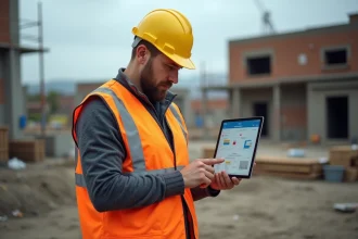 Chef de chantier TPE bâtiment consultant un logiciel de gestion sur tablette sur un chantier de construction