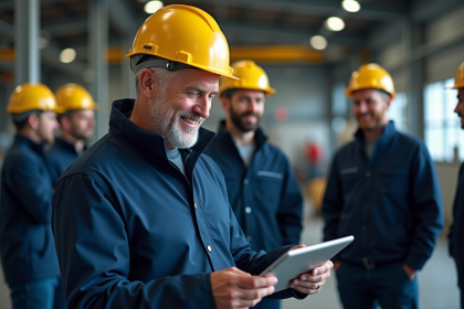 Chef d'&eacute;quipe en veste de travail et casque dans une usine