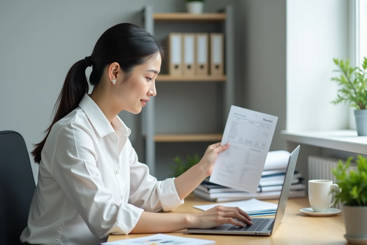 Femme cheffe d'entreprise consultant un extrait Kbis Urssaf sur ordinateur dans un bureau à domicile