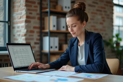Cheffe d'entreprise TPE analysant une plateforme B2B en ligne sur son ordinateur portable dans un bureau moderne