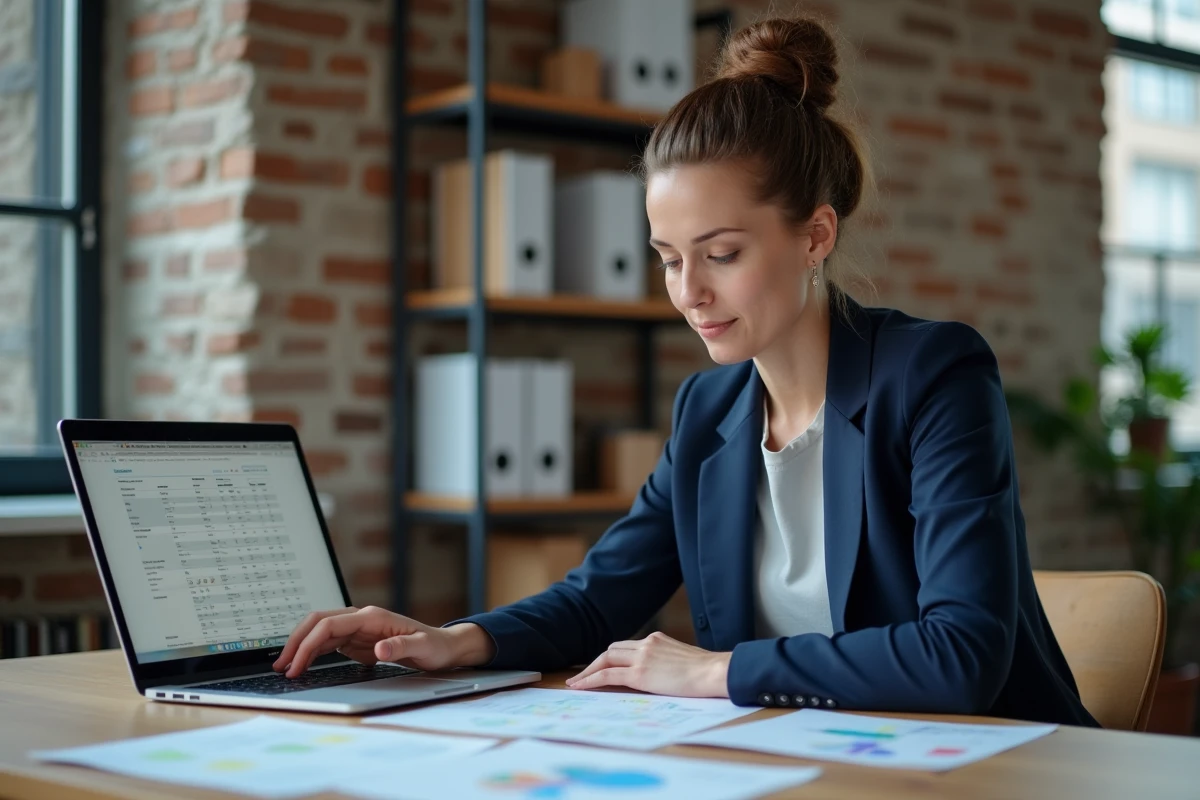 Cheffe d'entreprise TPE analysant une plateforme B2B en ligne sur son ordinateur portable dans un bureau moderne