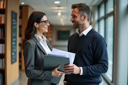 Deux chercheurs en milieu universitaire discutent dans un couloir moderne
