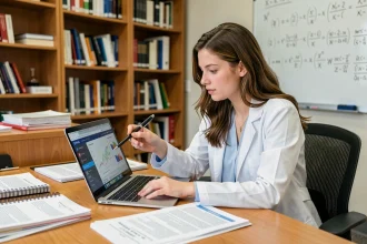 Chercheuse utilisant un site scientifique en ligne pour booster son projet de recherche universitaire