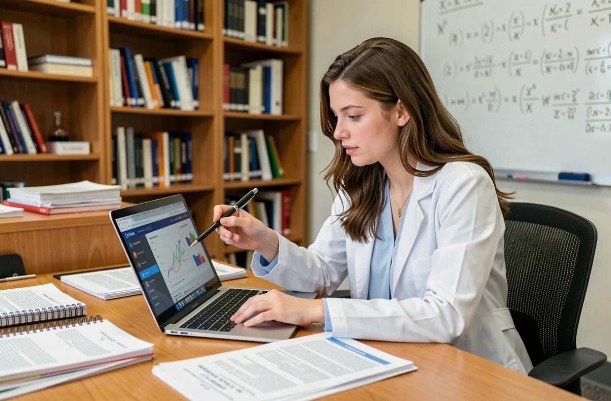 Chercheuse utilisant un site scientifique en ligne pour booster son projet de recherche universitaire