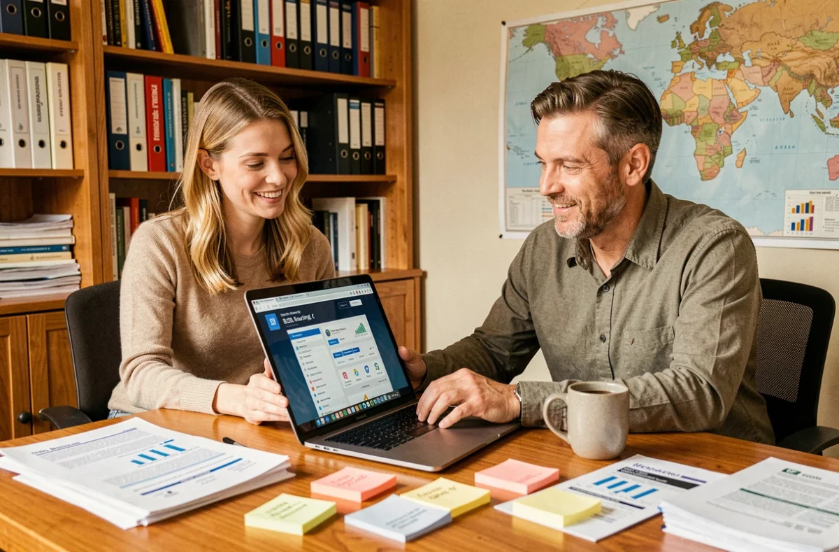 Deux collègues collaborant sur une plateforme d'approvisionnement international B2B pour intégrer un annuaire fournisseurs dans leur stratégie d'achats