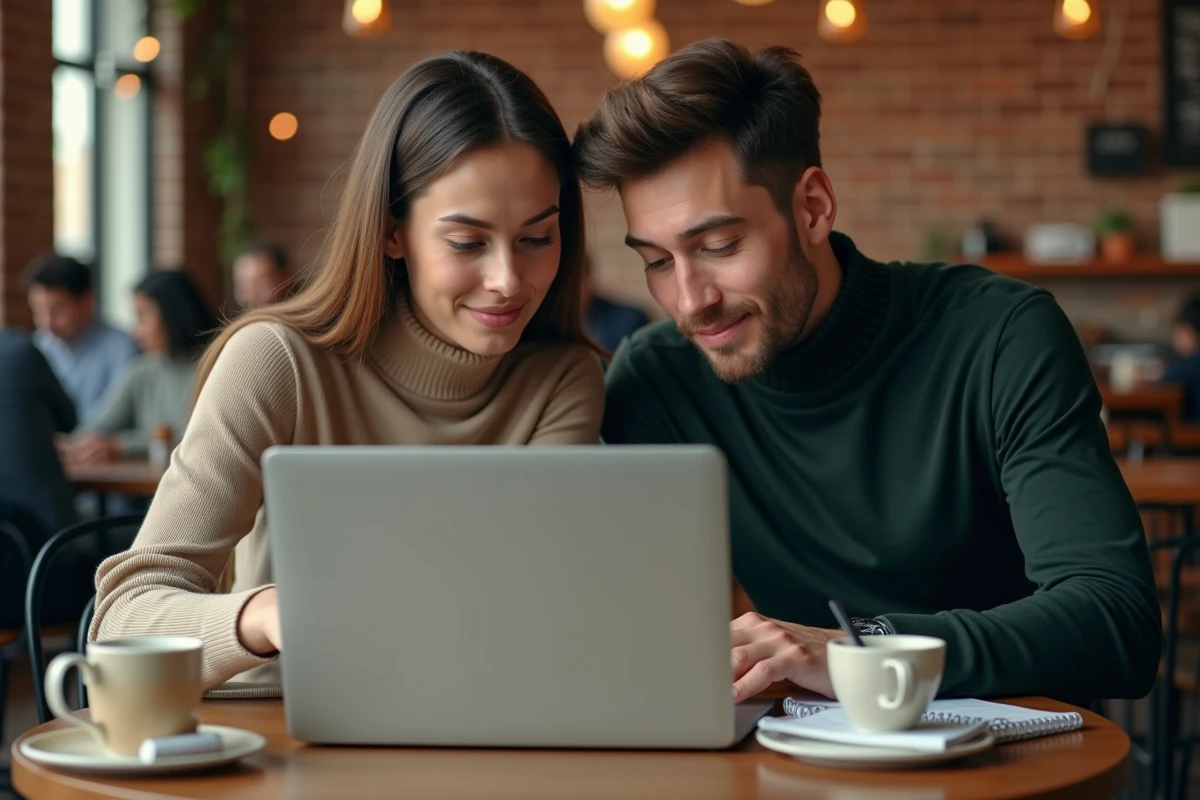 Deux professionnels collaborant sur une plateforme de filtrage d'offres employeurs dans un café urbain