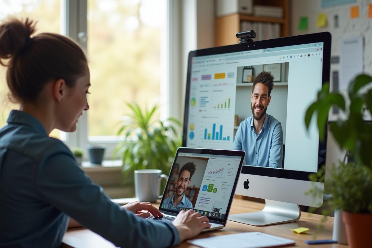 Collaboration à distance avec ordinateur et graphiques