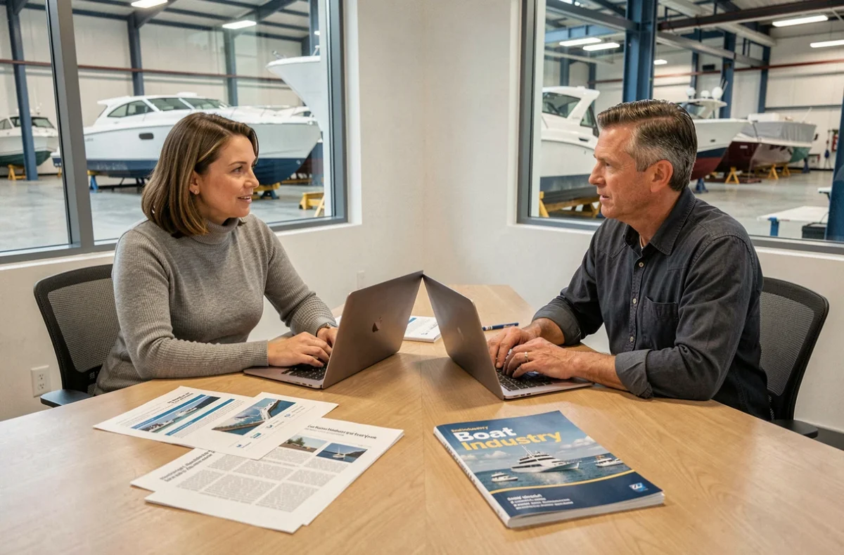 Deux professionnels du secteur nautique collaborant autour de rapports de veille industrielle dans une salle de réunion d'un chantier naval moderne