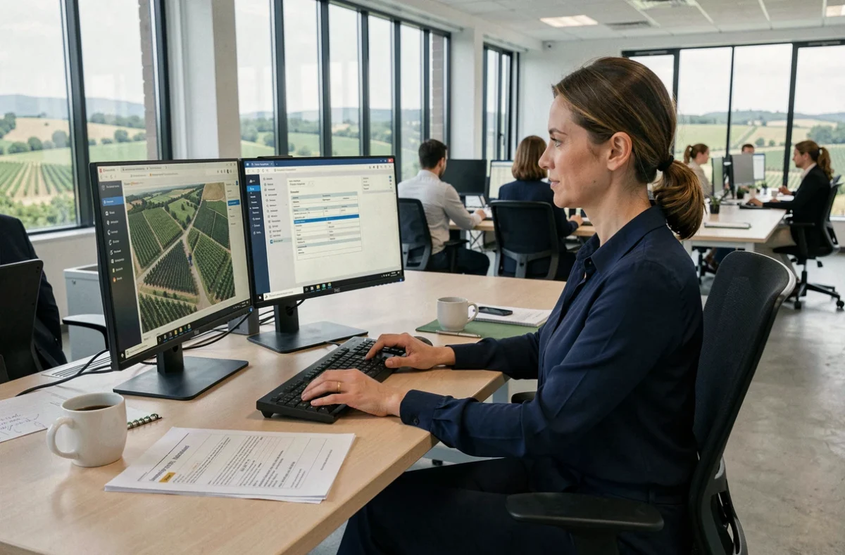 Collaboratrice de coopérative viticole utilisant l'extranet professionnel CIVC sur poste de travail en open space avec vue sur vignoble champenois